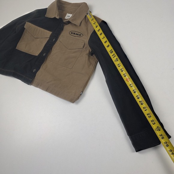 Vans Jacket Womens Small Brown Black Colorblock Twill Button Front Cropped Logo - Picture 7 of 10